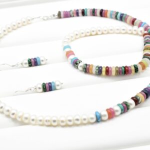 Set argint 925, perle de cultura albe si mix de pietre semipretioase